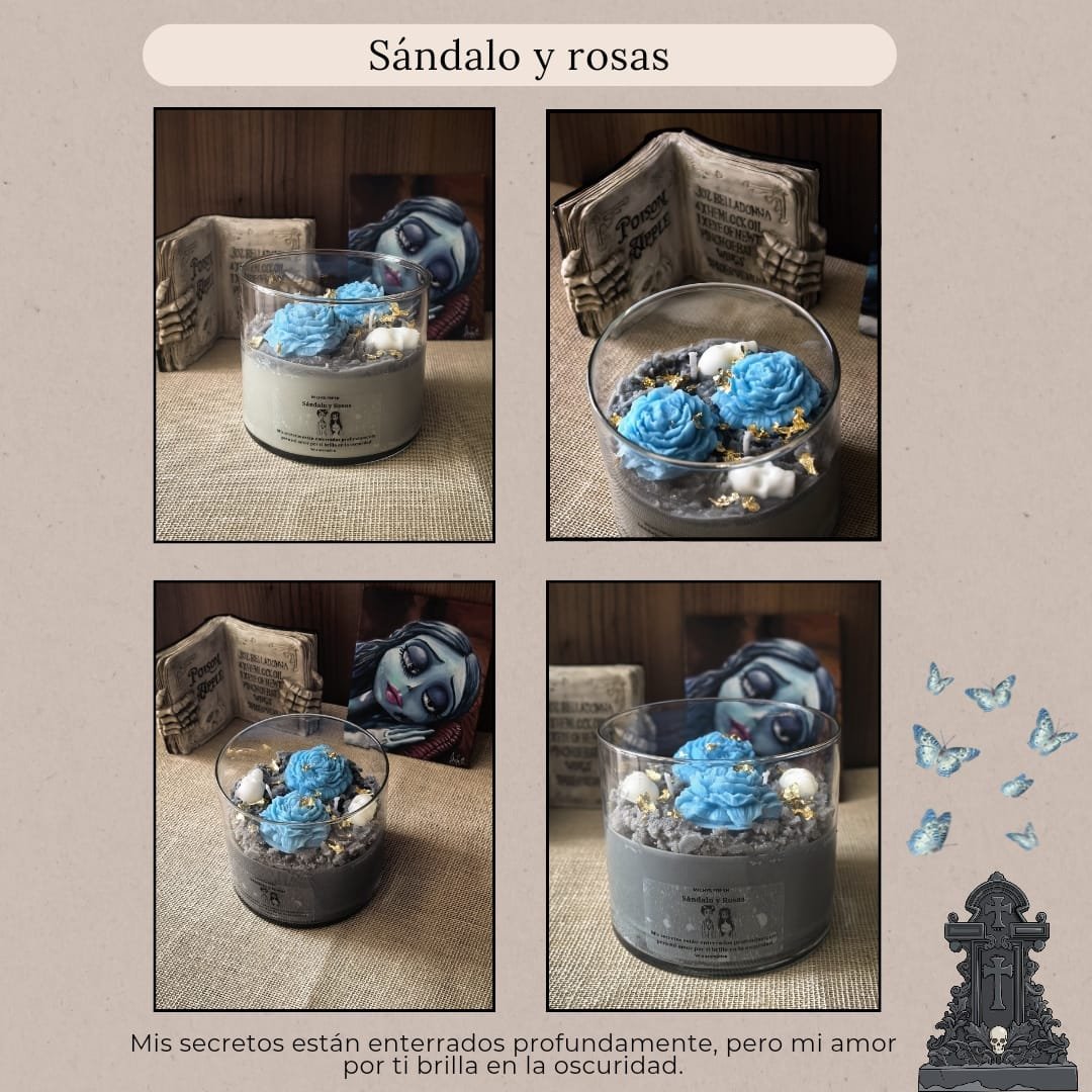 Vela artesanal de soja Sándalo y rosas decorada con flores azules y detalles góticos
