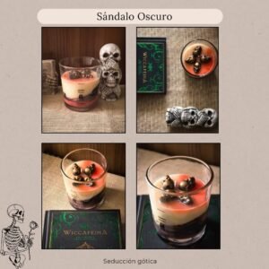 Vela artesanal de soja Sándalo Oscuro con temática gótica y calaveras doradas