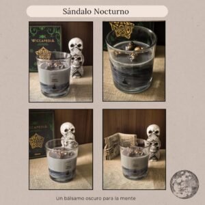 Vela artesanal de soja Sándalo Nocturno con diseño oscuro y detalles de calaveras