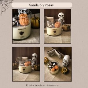 Vela artesanal de soja Sándalo y rosas de la colección de otoño con temática de calaveras y calabazas